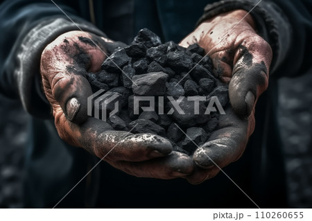 Coal mining in mine. Coal in hands of miner worker. Metallurgical coal for steel. 110260655