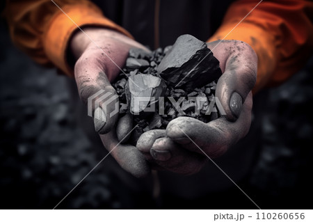 Coal mining in mine. Coal in hands of miner worker. Metallurgical coal for steel. 110260656