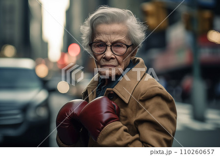 Pensioner boxing on street in USA. Grandmother boxing. 110260657