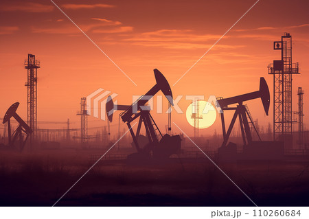 Oil drill rig and drilling derrick. Crude oil Pumpjack on oilfield on sunset. 110260684
