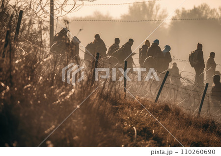 Migrants cross the border illegally. Refugees crossing border. 110260690