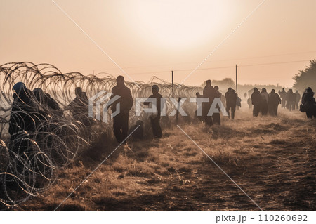 Migrants cross the border illegally. Refugees crossing border. Migrants cross the border illegally. Refugees crossing border. 110260692