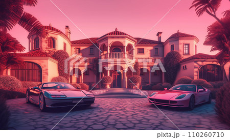 Villa and Luxury cars. Sport cars in courtyard near a luxury villa. Villa and Luxury cars. Sport cars in courtyard near a luxury villa. 110260710