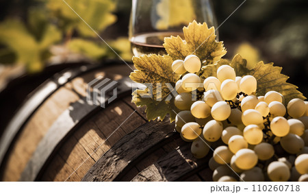 Wine Glass with Chardonnay Grapevine tasting. Vino Degustation in wine cellar. 110260718