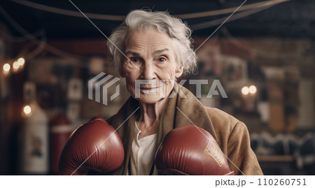 Grandmother boxer in boxing gloves on boxing ring.  110260751