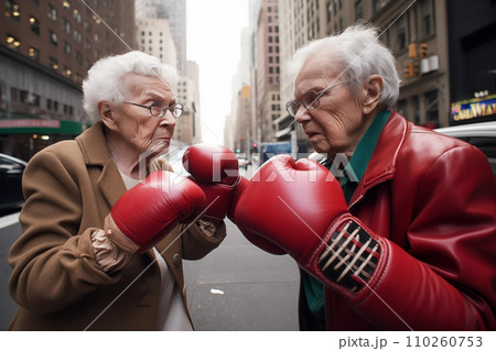 Pensioners boxing on street in USA. Grandmother boxing with grandfather. 110260753