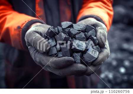 Coal mining in mine. Coal in hands of miner worker. Metallurgical coal for steel Coal mining in mine. Coal in hands of miner worker. Metallurgical coal for steel 110260756