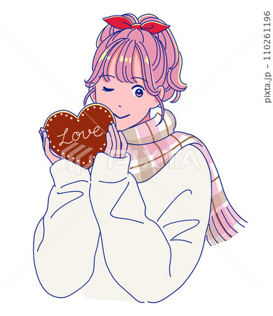 ハートの形のチョコレートを持つレトロポップな女の子 ハートの形のチョコレートを持つレトロポップな女の子 110261196