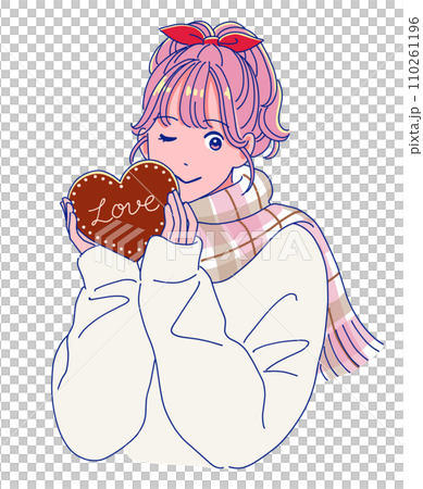 ハートの形のチョコレートを持つレトロポップな女の子 ハートの形のチョコレートを持つレトロポップな女の子 110261196