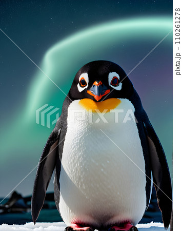 Detailed penguin in Antarctic fantasy style: neon. 110261278