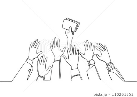 Single one line drawing hands fighting over the leather wallet. Fighting over something that is not your right. Bad business. Won't get much benefit. Continuous line design graphic illustration 110261353