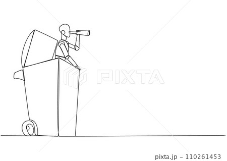 Continuous one line drawing a smart robot emerges from a wheeled bin looking for something through binoculars. Trying to restore deleted and wasted data. Single line draw design vector illustration 110261453