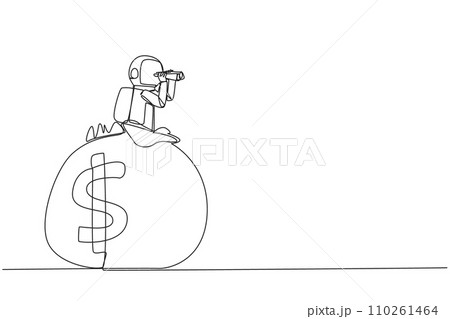 Single continuous line drawing young astronaut emerges from money bag looking for something through binoculars. Collecting funds again for the next expedition.  One line design vector illustration 110261464