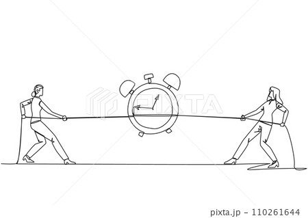 Single continuous line drawing two businesswomen fighting over an alarm clock. Competition to get rare antique clocks. Put in all the best efforts. Battle. Versus. One line design vector illustration 110261644
