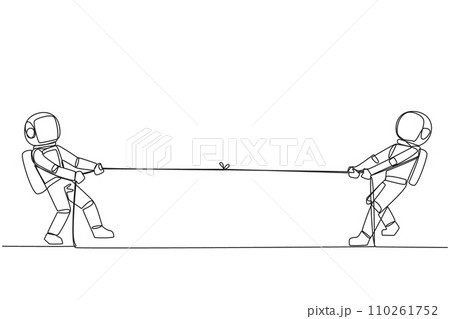 Continuous one line drawing two astronaut pulling each other's rope. Stretching activities on the lunar surface. Light exercise. Cosmonaut deep space. Single line draw design vector illustration 110261752