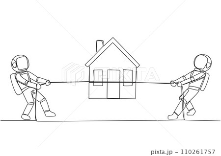 Single continuous line drawing two astronauts fighting over a miniature house. The need for comfort after going on a task space expedition. Cosmonaut outer space. One line design vector illustration 110261757