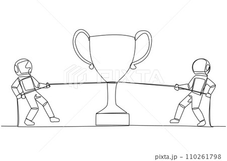 Continuous one line drawing two astronauts fighting for a trophy. Fierce battle to be the first to complete the expedition mission. Heading back to earth. Single line draw design vector illustration 110261798