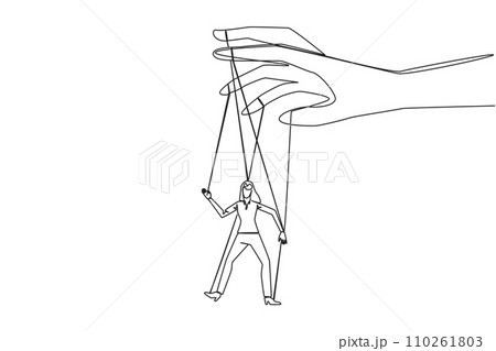 Single continuous line drawing businesswoman walks by being moved by ropes controlled by a giant hand above. Manipulative actions to gain a lot of profit. Greedy. One line design vector illustration Single continuous line drawing businesswoman walks by being moved by ropes controlled by a giant hand above. Manipulative actions to gain a lot of profit. Greedy. One line design vector illustration 110261803