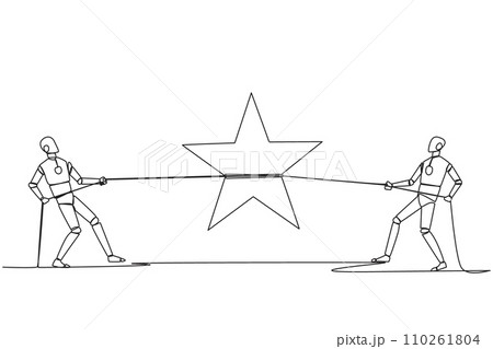 Single continuous line drawing two smart robots fighting for a star. The fierce battle of technology. Trying to achieve very satisfactory rating. Chasing the dream. One line design vector illustration Single continuous line drawing two smart robots fighting for a star. The fierce battle of technology. Trying to achieve very satisfactory rating. Chasing the dream. One line design vector illustration 110261804