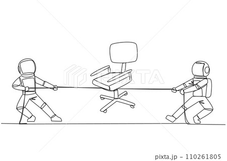 Single continuous line drawing two astronauts fighting over an office chair. Compete to be the administrator of the departure to the lunar surface. Outer space. One line design vector illustration 110261805