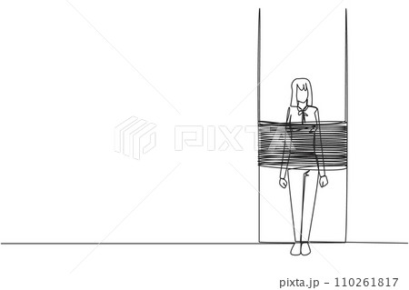 Single continuous line drawing businesswoman standing, tied to a large column. Helpless. Being in a frustrating situation. Unable to pay debts. Debt guarantee. One line design vector illustration Single continuous line drawing businesswoman standing, tied to a large column. Helpless. Being in a frustrating situation. Unable to pay debts. Debt guarantee. One line design vector illustration 110261817