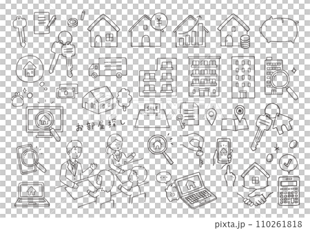 不動産・部屋探しにまつわる手描きイラストセット(モノクロ) 不動産・部屋探しにまつわる手描きイラストセット(モノクロ) 110261818