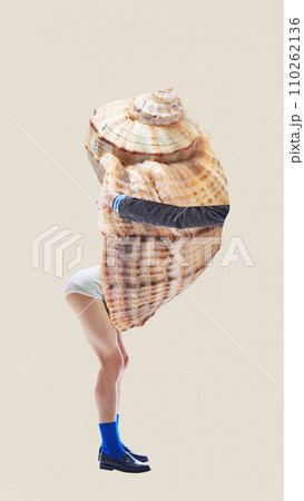 Contemporary art collage. Spiral of emptiness. Navigating Depths of Depression. Person with body of sea shell trying to moving. Trendy magazine style. Contemporary art collage. Spiral of emptiness. Navigating Depths of Depression. Person with body of sea shell trying to moving. Trendy magazine style. 110262136