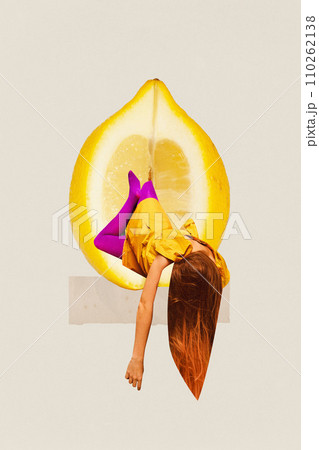 Contemporary art collage. challenges and difficulties. Young exhausted woman flows out of lemon. Trendy magazine style. Contemporary art collage. challenges and difficulties. Young exhausted woman flows out of lemon. Trendy magazine style. 110262138