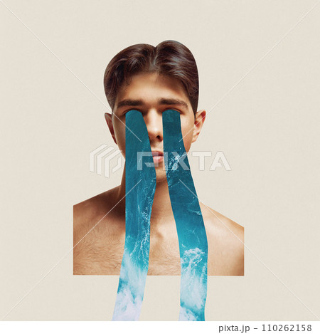 Contemporary art collage. Young guy cries oceans of tears from fatigue and powerlessness. Trendy magazine style. Concept of depression state. Contemporary art collage. Young guy cries oceans of tears from fatigue and powerlessness. Trendy magazine style. Concept of depression state. 110262158