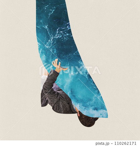 Contemporary art collage. Upset man cries rivers of tears because he is tired and burned out. Trendy magazine style. Concept of mental health care. Contemporary art collage. Upset man cries rivers of tears because he is tired and burned out. Trendy magazine style. Concept of mental health care. 110262171