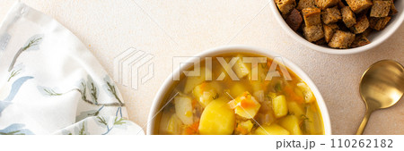 Pea soup with fried croutons Pea soup with fried croutons 110262182