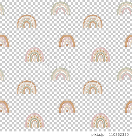 Boho Rainbow watercolor seamless Pattern. Illustration for Baby wallpaper or textile design. Hand drawn backdrop in Scandinavian style for nursery room on isolated backdrop. Cute pastel drawing. 110262330