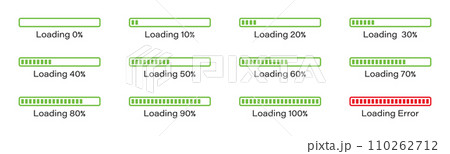 Percentage loading bar infographic icon set 0-100% in green colour. set of percentage loading bar  10%, 20%, 70, 90%, 100% in green color. Rectangle bar percent loading and process symbols collection. 110262712