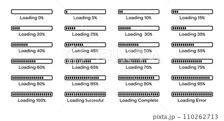 Percentage loading bar infographics icon set 0-100% in black colour.  Rectangle bar percent loading and process symbols collection. Set of percentage loading bar 5%, 10%, 95%, 100% in black color. 110262713