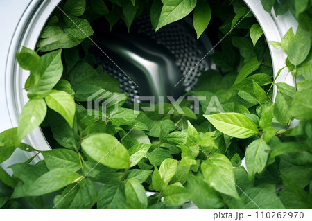 Washing machine with green leaves in it. Eco cleaning, eco friendly washing concept. Environmentally friendly bio natural home cleaning. Plants near modern washing machine. Spring cleaning theme. 110262970