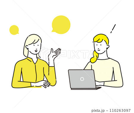 パソコンの前の女性と話す女性ー上半身ービジネス女性アイコンーシンプルベクターイラスト素材 110263097