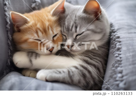 AI-generated content. Two cute little kittens hugging in their sleep, beautiful cats 110263133