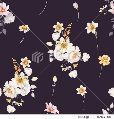Seamless pattern with bouquets of lilies, daffodils, poppies in a watercolor style Seamless pattern with bouquets of lilies, daffodils, poppies in a watercolor style 110263160