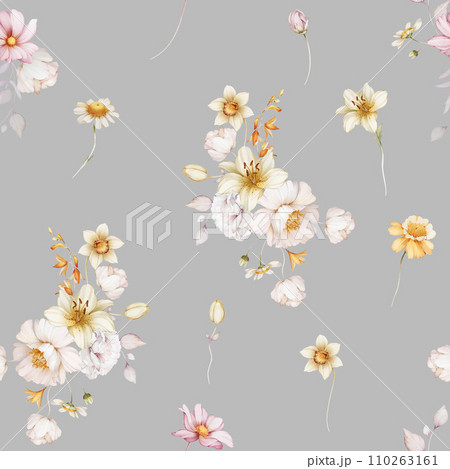 Seamless pattern with bouquets of lilies, daffodils, poppies in a watercolor style Seamless pattern with bouquets of lilies, daffodils, poppies in a watercolor style 110263161