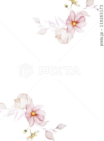 Greeting card with delicate flowers in a watercolor style on a white background 110263173
