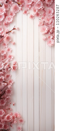 白い板壁にピンク色の桜の花　/AI生成 110263287