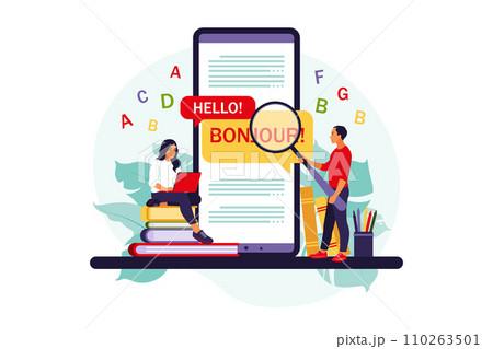 Translating app on mobile phone. People using online translation service for foreign language. Vector illustration. Isolated flat. Translating app on mobile phone. People using online translation service for foreign language. Vector illustration. Isolated flat. 110263501