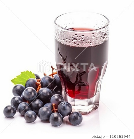 Grape juice. Glass of fresh appetizing black grape juice and a bunch of berries isolated on white close-up Grape juice. Glass of fresh appetizing black grape juice and a bunch of berries isolated on white close-up 110263944