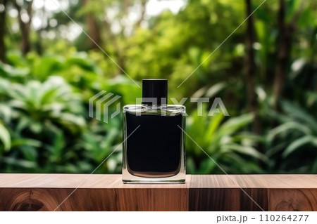 Unbranding black bottle with wood aroma on table with tropical leaves. Mockup design. Generative AI 110264277