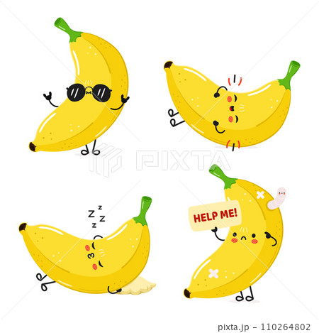 Funny Banana characters bundle set. Vector hand drawn doodle style cartoon character illustration icon design. Cute Banana mascot character collection 110264802
