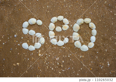 Inscription on sand from shells - seo, camping, tourism 110265032
