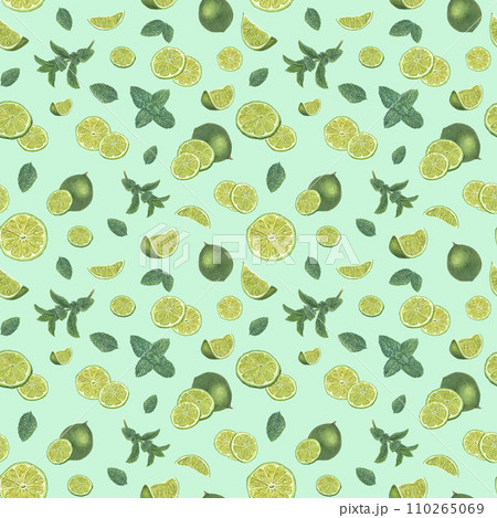 Fresh lime slices and green mint leaves. Seamless pattern isolated on pastel green blue background. Watercolor illustration of summer fruit composition. For textile, room decor, print wrapping 110265069