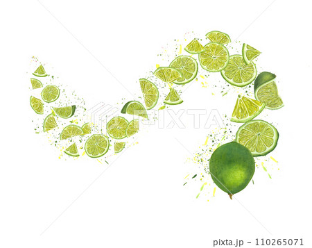 Spiral swirl of lime slices. Ripe citrus on background of juice splashes. Colored confetti, flying abstract dots. Watercolor illustration of summer fresh fruit. Festive glitter, texture. Spiral swirl of lime slices. Ripe citrus on background of juice splashes. Colored confetti, flying abstract dots. Watercolor illustration of summer fresh fruit. Festive glitter, texture. 110265071