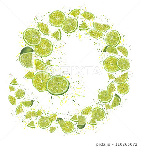 Swirl of lime slices in circular spiral. Ripe citrus fruits on background of splashes of juice. Colored confetti, flying abstract dots. Yellow green swirls. Watercolor illustration of summer fruit. Swirl of lime slices in circular spiral. Ripe citrus fruits on background of splashes of juice. Colored confetti, flying abstract dots. Yellow green swirls. Watercolor illustration of summer fruit. 110265072