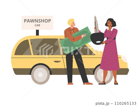 Female bring car key to Pawnshop, customers buy and sell second hand automobile and get cash vector illustration 110265133